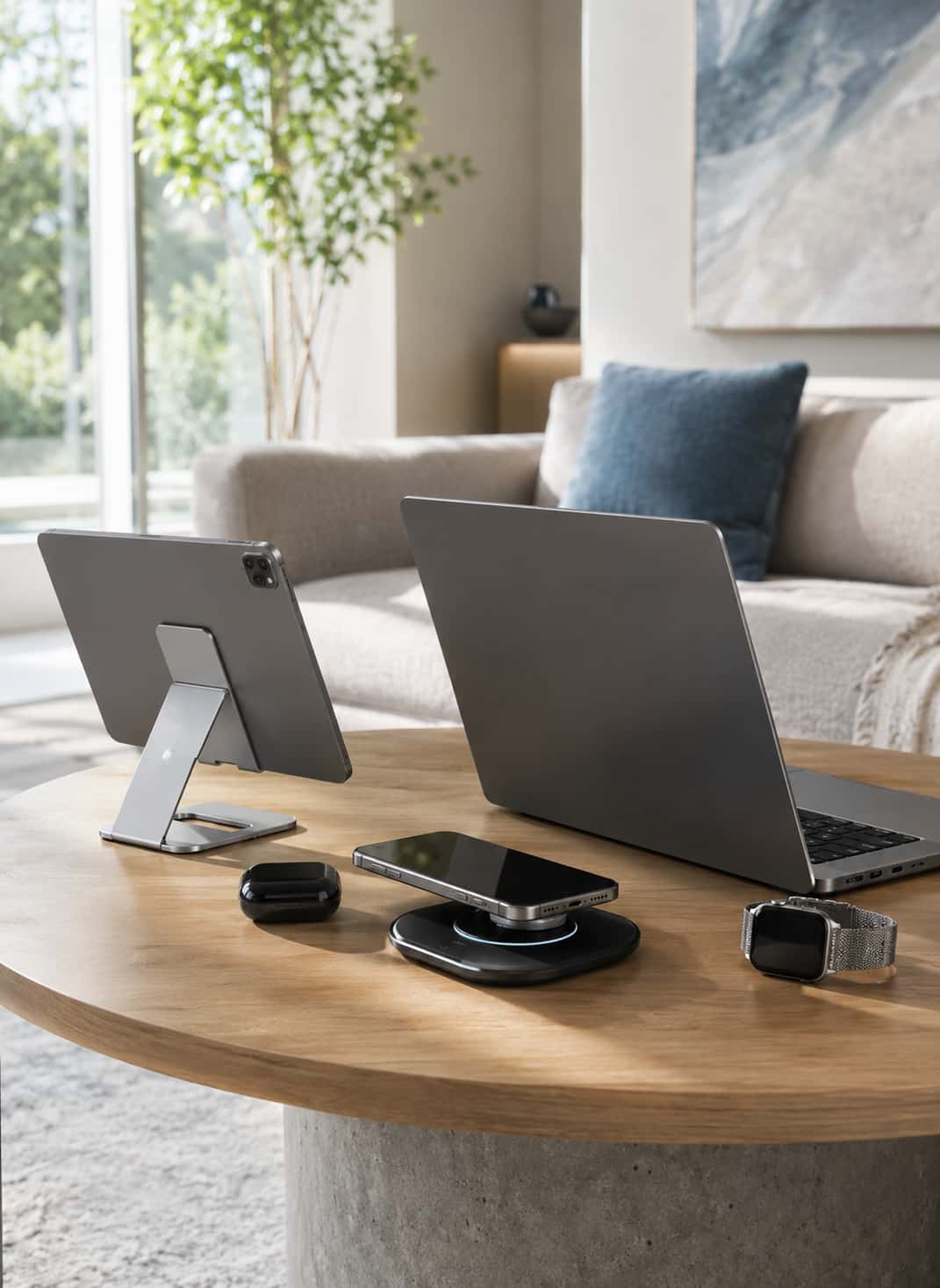 Consumer Electronics Components, The Consumer Electronics Components image shows two laptops and electronic accessories arranged on a wooden table.